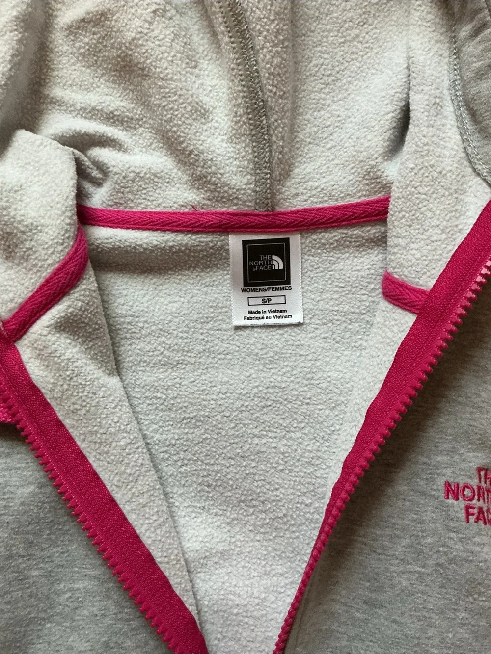 The North Face Women's Light Gray Hooded Sweater with Pink Stripe Hem